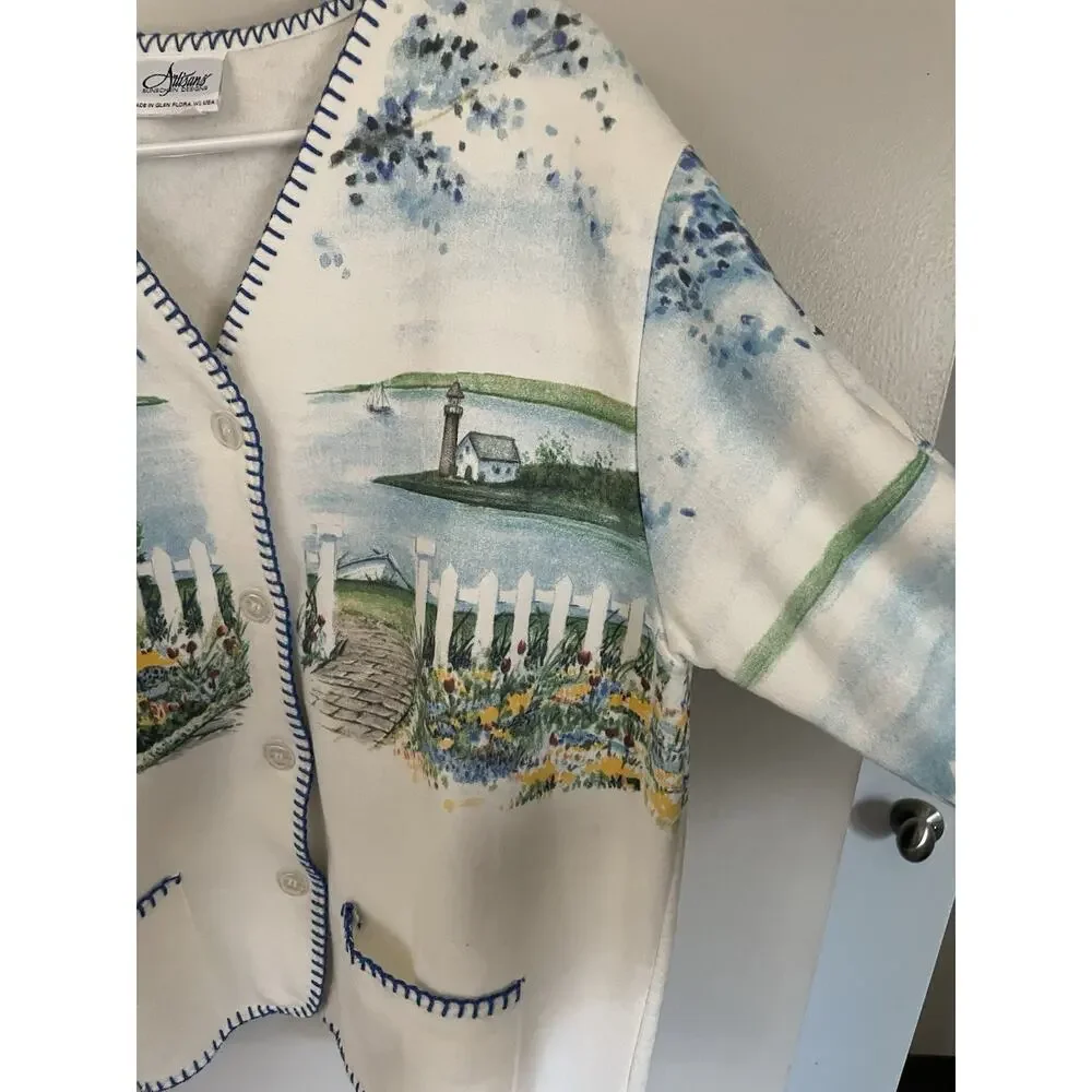 Vtg Artisan Sunchein Designs Cardigan Sweater Coastal Seaside Lighthouse Flowers - Picture 3 of 8